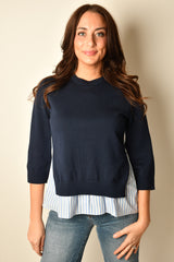 KNIT + STRIPE POPLIN CREW