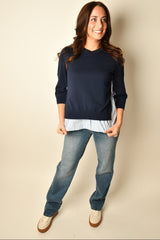 KNIT + STRIPE POPLIN CREW