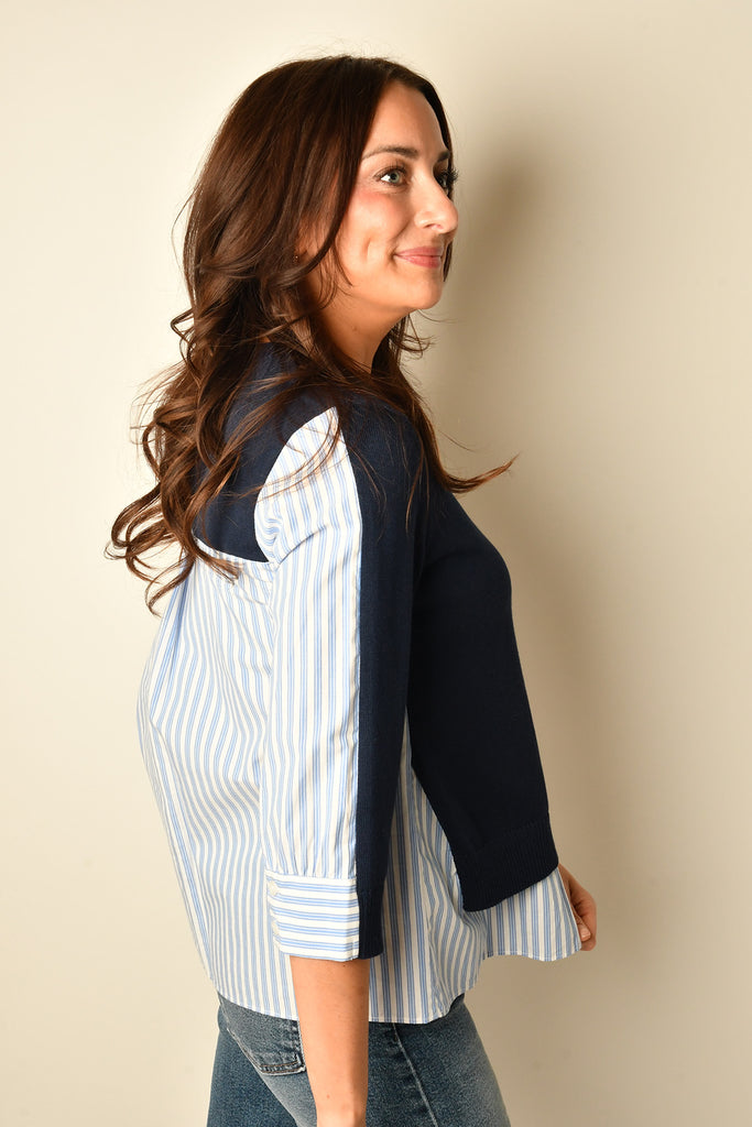 KNIT + STRIPE POPLIN CREW