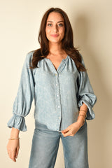 3/4 SLV BUTTON FRONT SHIRRED TOP