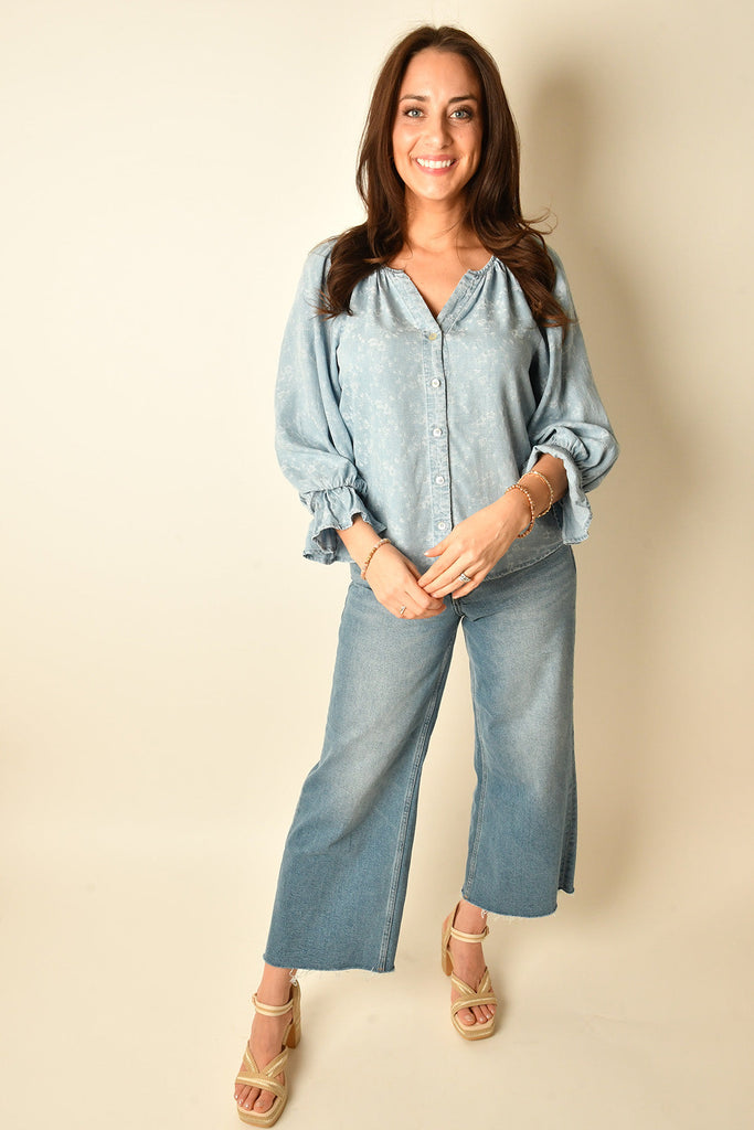 3/4 SLV BUTTON FRONT SHIRRED TOP