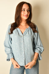 3/4 SLV BUTTON FRONT SHIRRED TOP