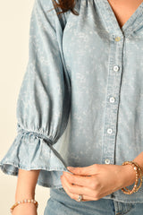 3/4 SLV BUTTON FRONT SHIRRED TOP