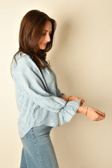3/4 SLV BUTTON FRONT SHIRRED TOP