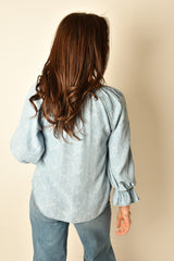 3/4 SLV BUTTON FRONT SHIRRED TOP