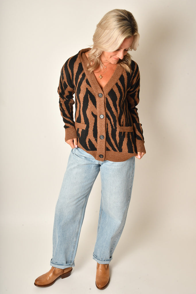 BUTTON FRONT TIGER SWEATER