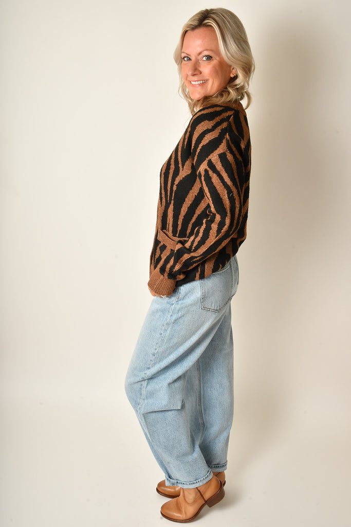 BUTTON FRONT TIGER SWEATER