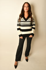 MELANGE STRIPE V-NECK SWEATER