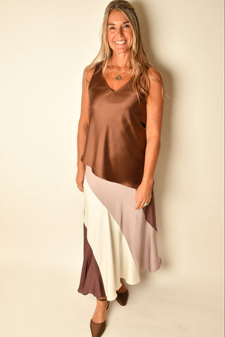 DOUBLE NECK SATIN SLANTED TOP
