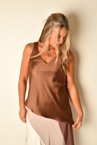DOUBLE NECK SATIN SLANTED TOP