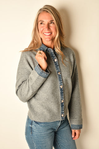 LUXE DENIM-TRIM GREY CARDIGAN