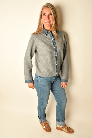 LUXE DENIM-TRIM GREY CARDIGAN