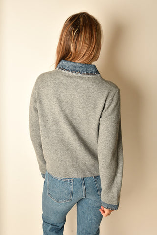LUXE DENIM-TRIM GREY CARDIGAN