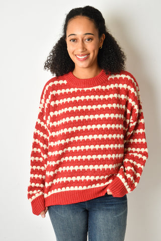 STRIPE RED CREW SWEATER