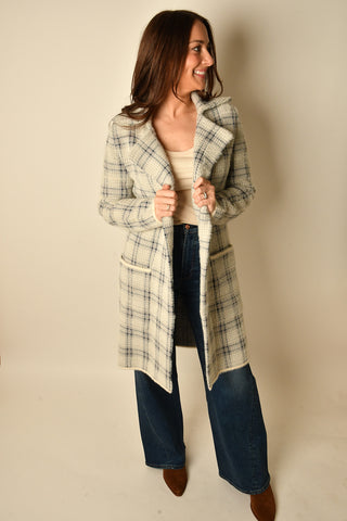 MARLO SOFT GREY & NAVY PLAID COAT