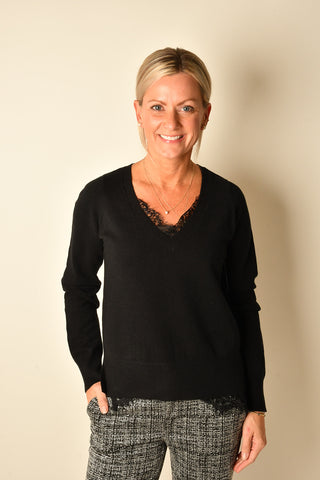 ELORA LACE TRIM V-NECK SWEATER