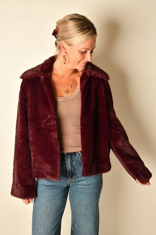 OXBLOOD FAUX FUR JACKET