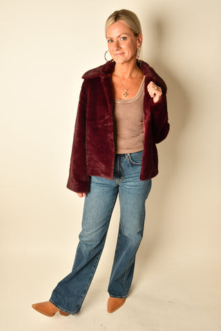 OXBLOOD FAUX FUR JACKET