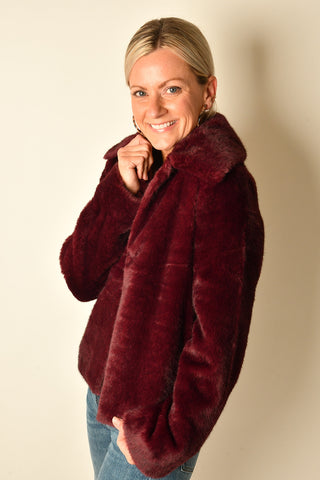 OXBLOOD FAUX FUR JACKET