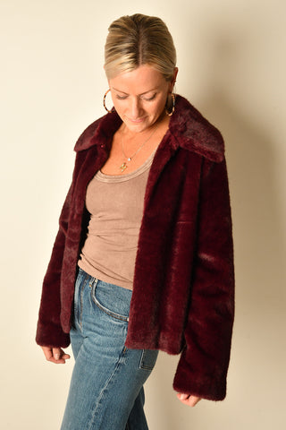 OXBLOOD FAUX FUR JACKET