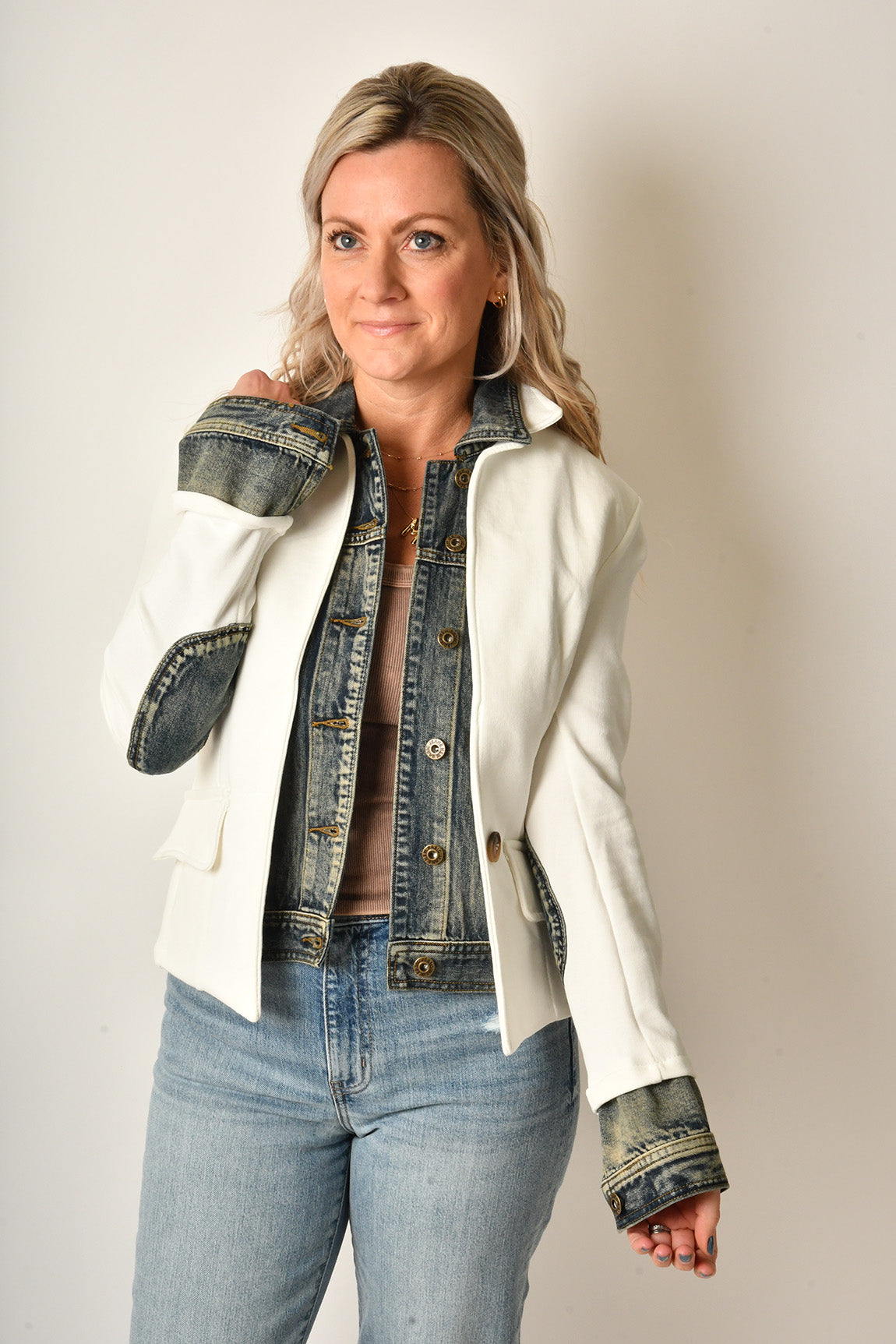 MIXED MEDIA DENIM BLAZER