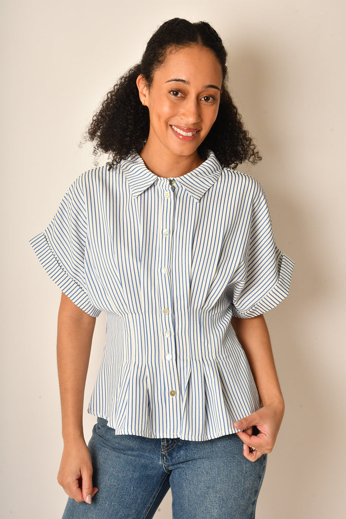 STRIPE CINCHED WAIST BLOUSE