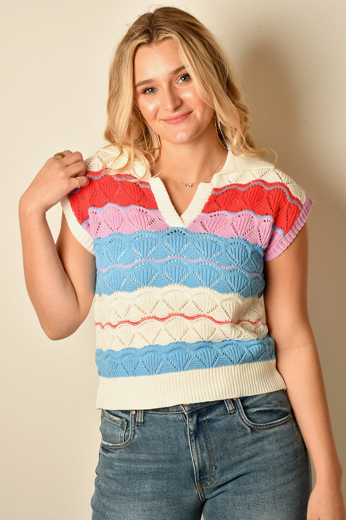 STRIPE PONTE POLO SWEATER