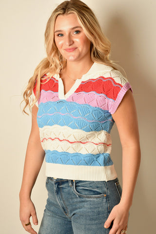 STRIPE PONTE POLO SWEATER