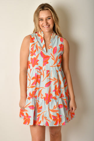 SLEEVELESS FLOWER STRIPE DRESS