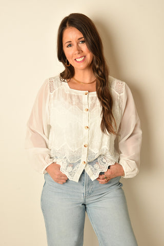 SHEER SLV EMB BLOUSE