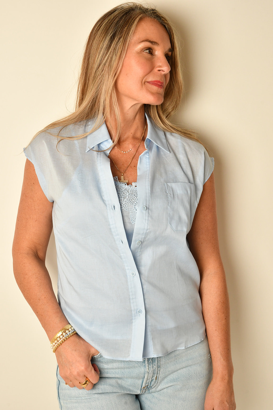 CAP SLV BLOUSE + LACE