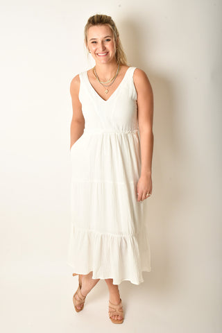 TEXT. TIERED MIDI DRESS