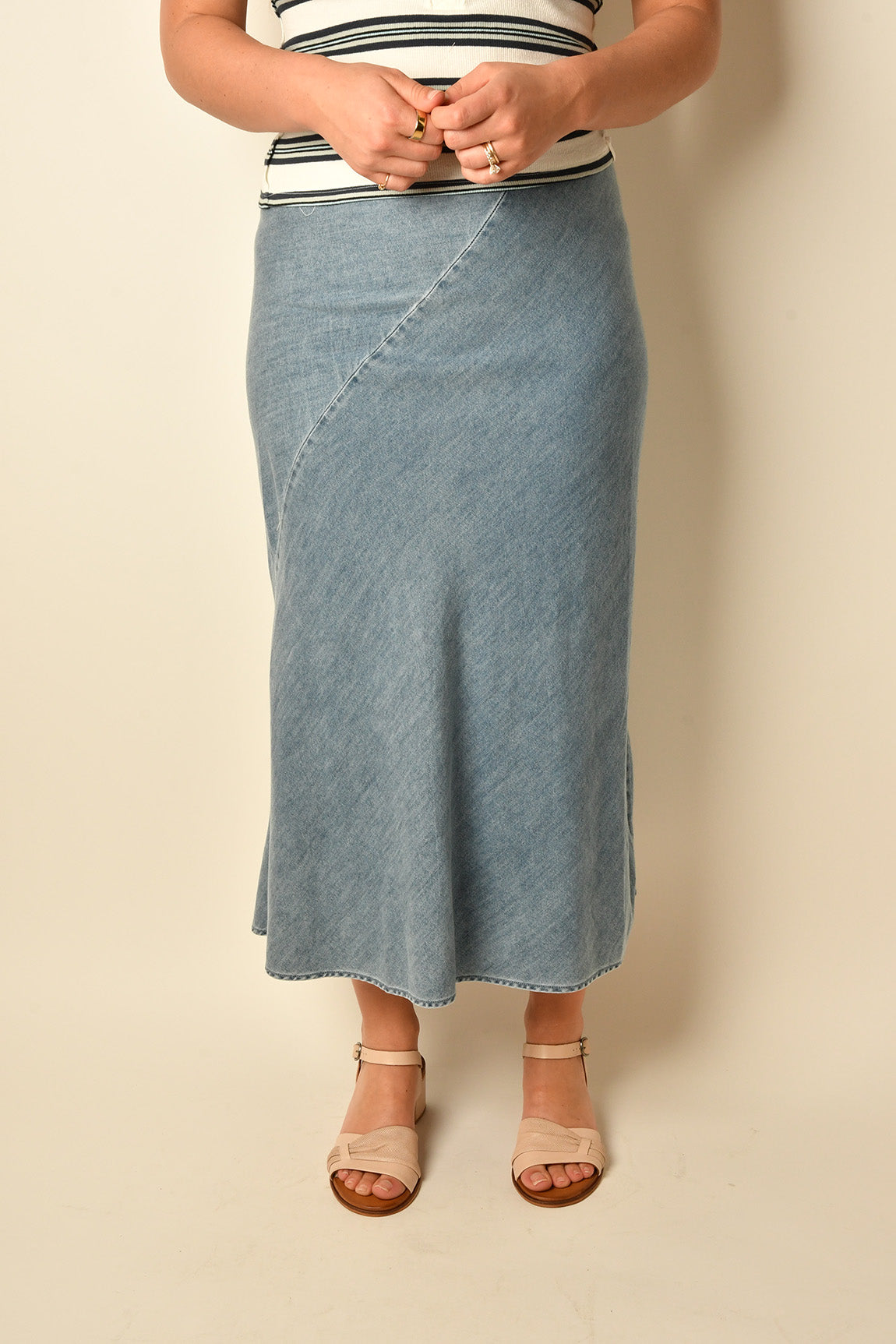 SEAMED BIAS CUT DENIM MIDI