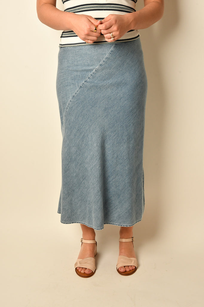 SEAMED BIAS CUT DENIM MIDI