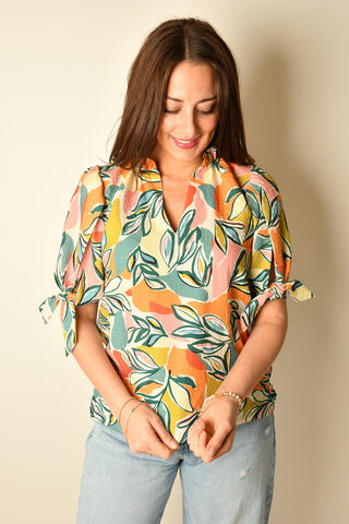 BOTANICAL TIE SLEEVE BLOUSE