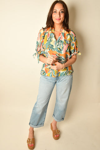 BOTANICAL TIE SLEEVE BLOUSE
