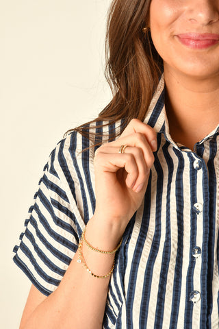 SS STRIPE FIT TO FLARE BLOUSE