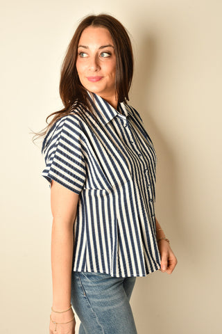 SS STRIPE FIT TO FLARE BLOUSE