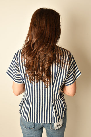 SS STRIPE FIT TO FLARE BLOUSE