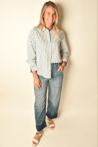 SMOCKED-CUFF STRIPED BUTTON DOWN