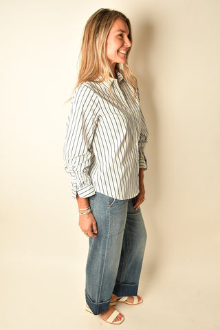 SMOCKED-CUFF STRIPED BUTTON DOWN
