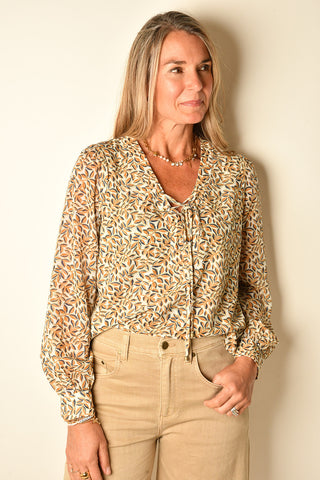 FLORAL LACE-UP V-NECK BLOUSE
