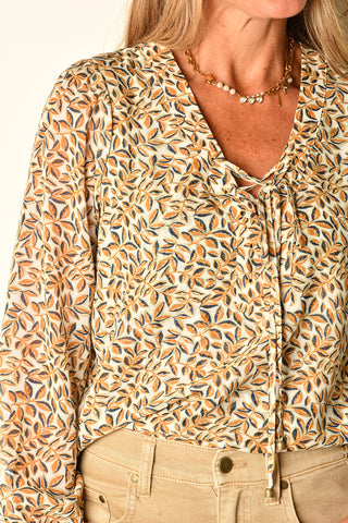 FLORAL LACE-UP V-NECK BLOUSE