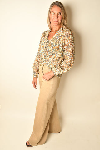 FLORAL LACE-UP V-NECK BLOUSE