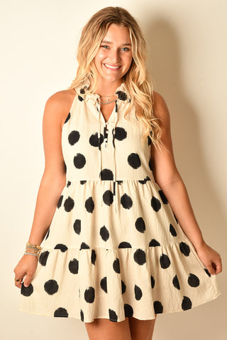 RUFFLE NECK POLKA-DOT DRESS