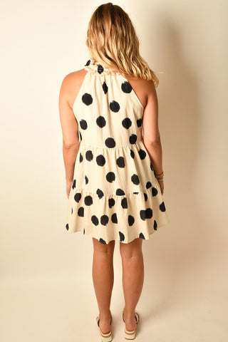 RUFFLE NECK POLKA-DOT DRESS