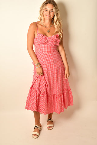 BOW GINGHAM MIDI DRESS