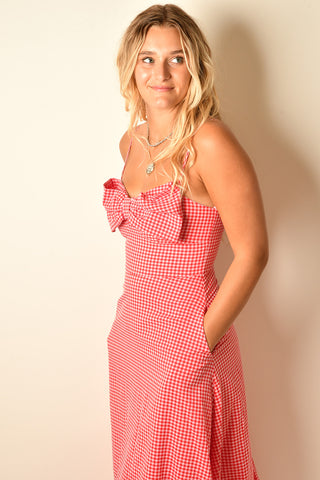 BOW GINGHAM MIDI DRESS