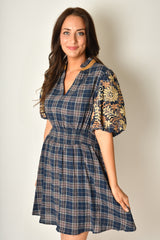EMB PUFF SLEEVE GINGHAM DRESS