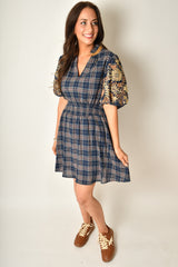 EMB PUFF SLEEVE GINGHAM DRESS